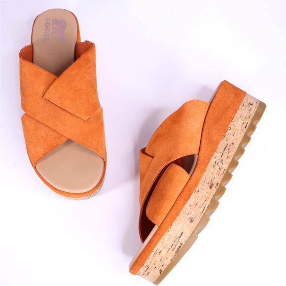 SOREL Cameron Flatform Mule Sandals Desert Sun Crisscross Strap Women's 9.5 - Picture 1 of 8